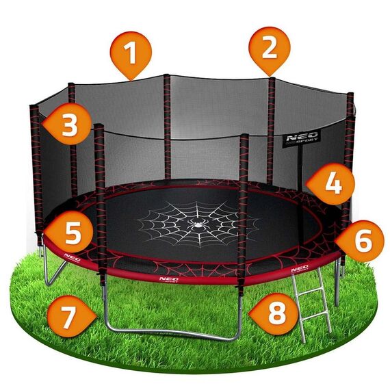 Trambulina de gradina, plasa externa de siguranta, scara metalica solida, 4 picioare duble, model unic de panza de paianjen, intrarea inchisa cu fermoar si catarama, 374 cm, rosu si negru, Culoare: Rosu, Negru,  Diametru: 374 cm-poza 5-Dacenergy.ro