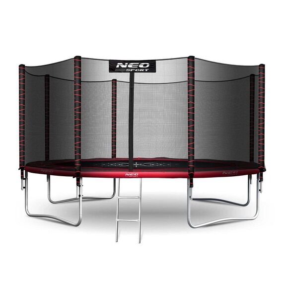 Trambulina de gradina, plasa externa de siguranta, scara metalica solida, 4 picioare duble, model unic de panza de paianjen, intrarea inchisa cu fermoar si catarama, 374 cm, rosu si negru, Culoare: Rosu, Negru,  Diametru: 374 cm-Dacenergy.ro