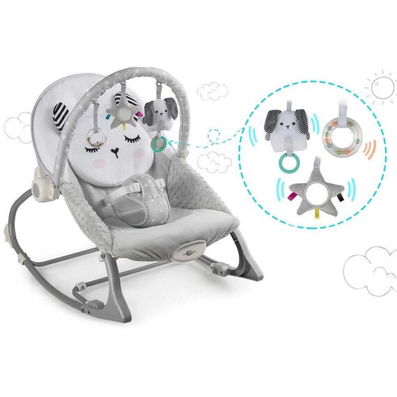 Balansoar multifunctional, cadru metalic, cu vibratii, centura de siguranta, reglabil spatarul, 0-18 kg, bara jucarii, foma de pisica, gri, Culoare: Gri-poza 2-Dacenergy.ro