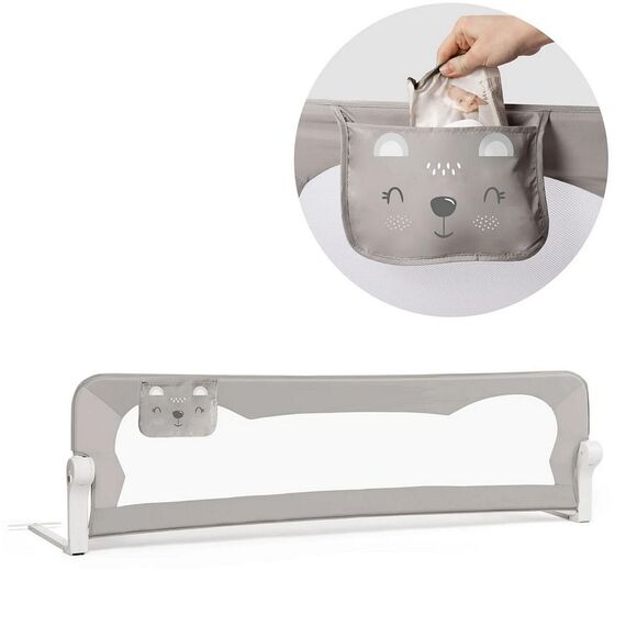 Bariera de protectie pat copii, 150x42x35cm, sistem de blocare, cu buzunar, rezistenta, gri-poza 2-Dacenergy.ro