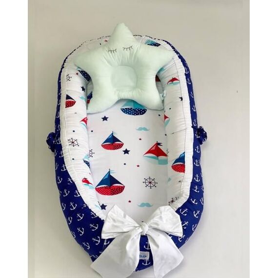 Babynest DacEnergy©, umplut cu bilute din microfibra, bumbac, design unic, arcada cu jucarii, pernuta in forma de stea, 90x 50 x 20 cm, albastru-poza 4-Dacenergy.ro