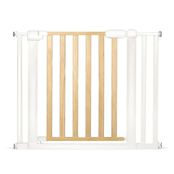 Poarta de securitate, combinatie de lemn si otel, inchidere usoara, pe doua fete, latimea reglabila 74-105 cm, natur si alb, Culoare: Alb, Natur, Latime: 74 / 105 cm-poza 4-Dacenergy.ro