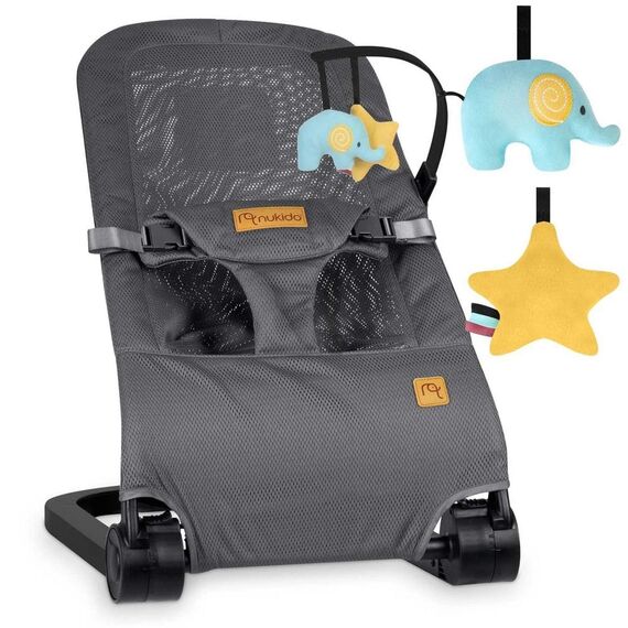 Balansoar bebelusi, cadru metalic, material textil, pozitie sigura, ergonomica, pliabil, reglare inclinare a spatarului in 3 trepte, picioare anti-alunecare, cu jucarii, gri, Culoare: Gri, Negru-poza 4-Dacenergy.ro
