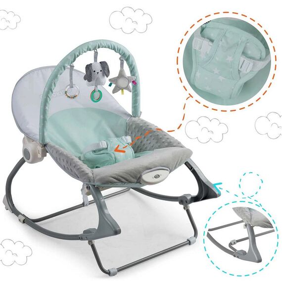 Balansoar multifunctional, cadru metalic, cu vibratii, centura de siguranta, reglabil spatarul, 0-18 kg, bara jucarii, foma de pisica, menta, Culoare: Verde menta, Gri-poza 4-Dacenergy.ro