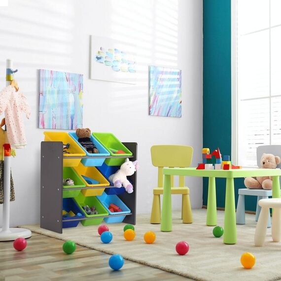 Organizator de jucarii DacEnergy©, 9 cutii de depozitare, plastic, practic, structura robusta, din Mdf, 65 x 26,5 x 60 cm, verde si albastru, Culoare: Verde, Albastru-poza 3-Dacenergy.ro