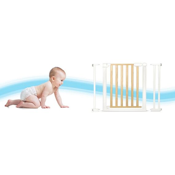 Poarta de securitate, combinatie de lemn si otel, inchidere usoara, pe doua fete, latimea reglabila 74-105 cm, natur si alb, Culoare: Alb, Natur, Latime: 74 / 105 cm-poza 5-Dacenergy.ro