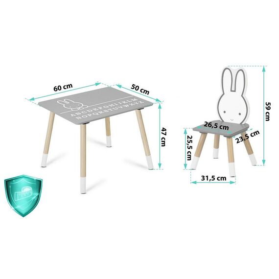Set masa cu doua scaune pentru copii, din lemn si placa MDF solida, scaunele au forma unui iepuras zambitor, cu alfabet inscriptionat pe masa, gri si natur, Culoare: Gri, Natur-poza 6-Dacenergy.ro