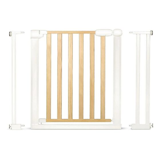 Poarta de securitate, combinatie de lemn si otel, inchidere usoara, pe doua fete, latimea reglabila 74-105 cm, natur si alb, Culoare: Alb, Natur, Latime: 74 / 105 cm-poza 6-Dacenergy.ro