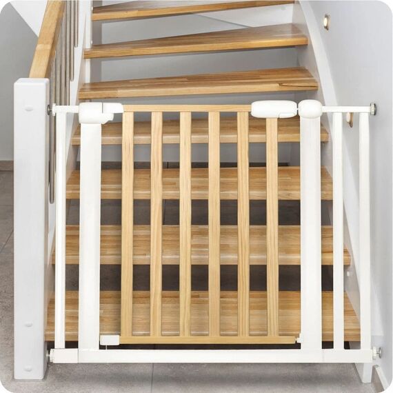 Poarta de securitate, combinatie de lemn si otel, inchidere usoara, pe doua fete, latimea reglabila 74-105 cm, natur si alb, Culoare: Alb, Natur, Latime: 74 / 105 cm-poza 8-Dacenergy.ro
