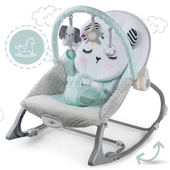 Balansoar multifunctional, cadru metalic, cu vibratii, centura de siguranta, reglabil spatarul, 0-18 kg, bara jucarii, foma de pisica, menta, Culoare: Verde menta, Gri-poza 8-Dacenergy.ro