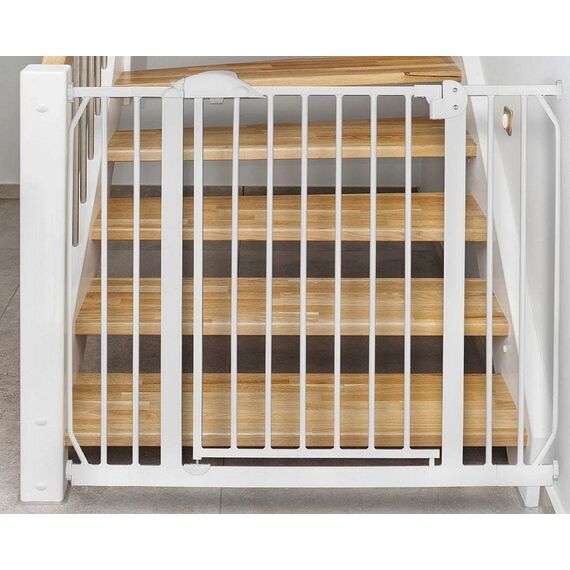 Bariera poarta de protectie copii, realizata din metal si plastic, deschidere pe 2 fete, latime reglabila, 75-105 cm, posibilitatea de blocare, alba-poza 8-Dacenergy.ro