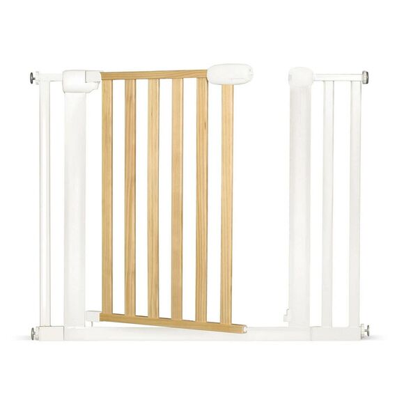 Poarta de securitate, combinatie de lemn si otel, inchidere usoara, pe doua fete, latimea reglabila 74-105 cm, natur si alb, Culoare: Alb, Natur, Latime: 74 / 105 cm-poza 9-Dacenergy.ro