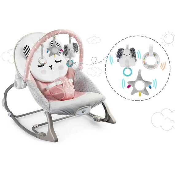 Balansoar multifunctional, cadru metalic, cu vibratii, centura de siguranta, reglabil spatarul, 0-18 kg, bara jucarii, forma de pisica, roz, Culoare: Roz-poza 9-Dacenergy.ro
