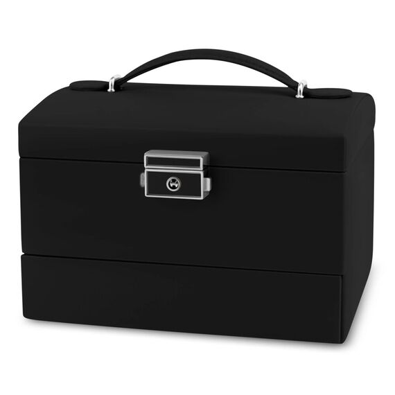 Cutie de bijuterii DacEnergy©, realizata din imitatie de piele, cu maner de transport, spatiu pentru cercei, inele, cu oglinda, 17.5 x 13.7 x12.3 cm, negru, Culoare: Negru-Dacenergy.ro