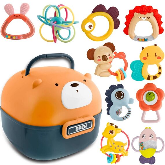 Set jucarii senzoriale si zornaitoare , pentru bebelusi fete si baieti, cutie frumoasa in forma de ursulet vesel, 10 buc, 0-12 luni, colorate, distractive-Dacenergy.ro
