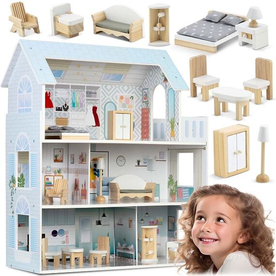 ​Casuta de papusi , din lemn si placa MDF, cu 3 etaje, 11 piese de mobilier, dus, dulap, lampa, fotoliu, 5 camere si terasa, aranjamente interesante, 70 x 60 x 24 cm, albastru, Culoare: Albastru-poza 2-Dacenergy.ro