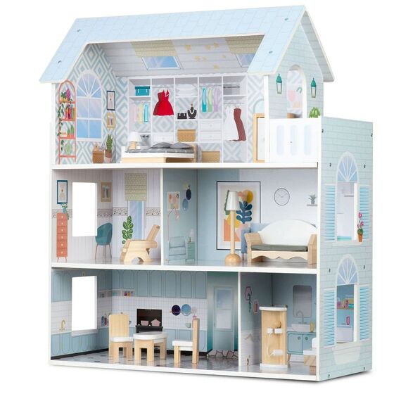 ​Casuta de papusi , din lemn si placa MDF, cu 3 etaje, 11 piese de mobilier, dus, dulap, lampa, fotoliu, 5 camere si terasa, aranjamente interesante, 70 x 60 x 24 cm, albastru, Culoare: Albastru-Dacenergy.ro