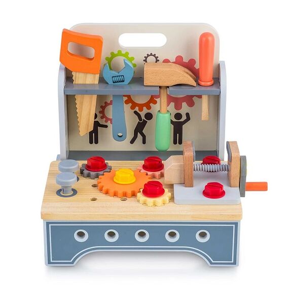 Atelier de lemn pentru copii , dezvolta abilitatile motorii fine, Montessori, ciocan, surubelnita, cheie, menghina, ferastrau, 30 x 25 x 30 cm-Dacenergy.ro