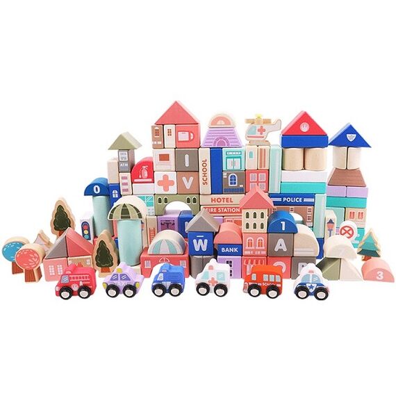 ​Set cuburi de construit din lemn pentru copii DacEnergy©, stimuleaza creativitatea si motricitatea, 115 piese, multicolor, Culoare: Multicolor-Dacenergy.ro