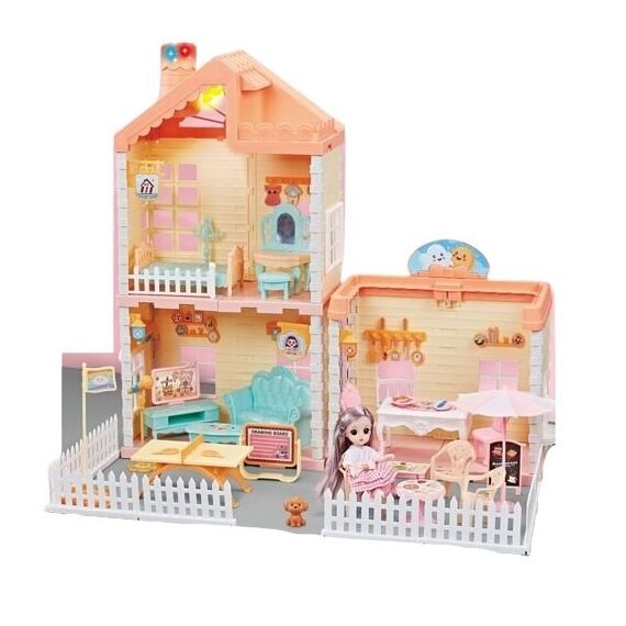 ​Casa de papusi pentru fete DacEnergy©, realizata din plastic, 2 etaje, cu mobilier pentru jocuri de simulare, 56 x 38 x 46 cm, colorata, Culoare: Multicolor-Dacenergy.ro