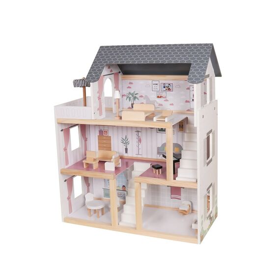 Casuta de papusi DacEnergy©, realizata din MDF, 3 etaje, 4 camere, balcon, 2 scari, 15 piese de mobilier, 62 x27 x77 cm, gri, Culoare: Gri-poza 2-Dacenergy.ro