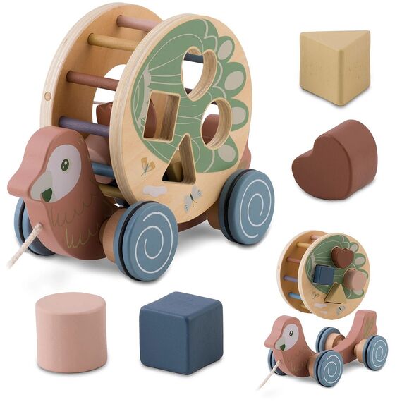 Jucarie de tras, din lemn, stimulare senzoriala, Montessori, cu snur, forma de papagal, 25, 5 x 17, 5 x 11 cm-poza 2-Dacenergy.ro