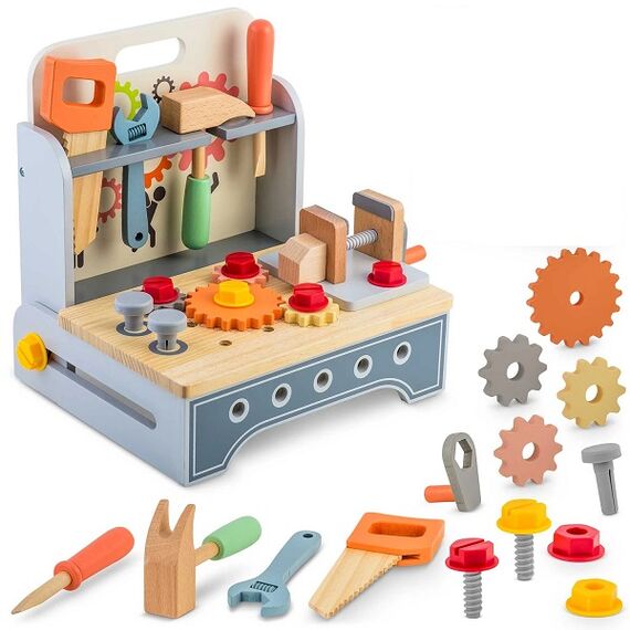 Atelier de lemn pentru copii , dezvolta abilitatile motorii fine, Montessori, ciocan, surubelnita, cheie, menghina, ferastrau, 30 x 25 x 30 cm-poza 2-Dacenergy.ro