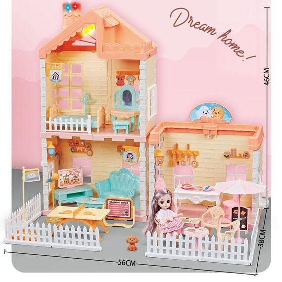 ​Casa de papusi pentru fete DacEnergy©, realizata din plastic, 2 etaje, cu mobilier pentru jocuri de simulare, 56 x 38 x 46 cm, colorata, Culoare: Multicolor-poza 2-Dacenergy.ro