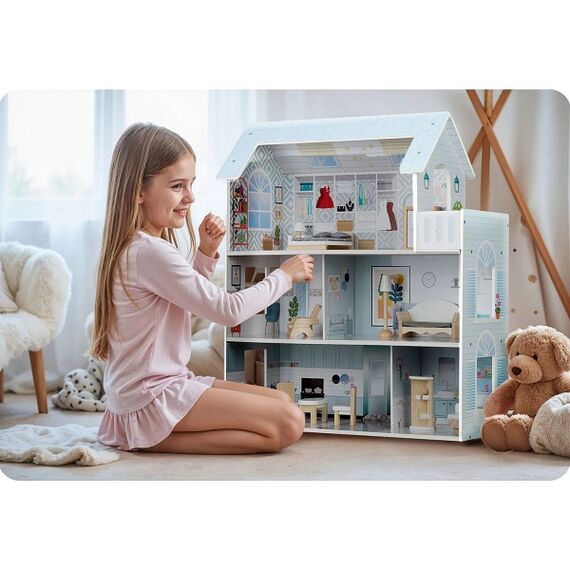 ​Casuta de papusi , din lemn si placa MDF, cu 3 etaje, 11 piese de mobilier, dus, dulap, lampa, fotoliu, 5 camere si terasa, aranjamente interesante, 70 x 60 x 24 cm, albastru, Culoare: Albastru-poza 4-Dacenergy.ro