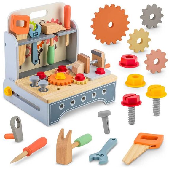 Atelier de lemn pentru copii , dezvolta abilitatile motorii fine, Montessori, ciocan, surubelnita, cheie, menghina, ferastrau, 30 x 25 x 30 cm-poza 3-Dacenergy.ro