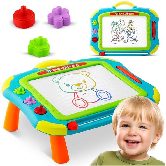 Tabla magnetica educativa 2in1 , cu picioare, pentru desen si scris, cu creion, 3 timbre magnetice, stergere instantanee, 38,5 x 28 x 19 cm, galbena si albastru, Culoare: Galben,Albastru, Interese: Invatare-poza 2-Dacenergy.ro
