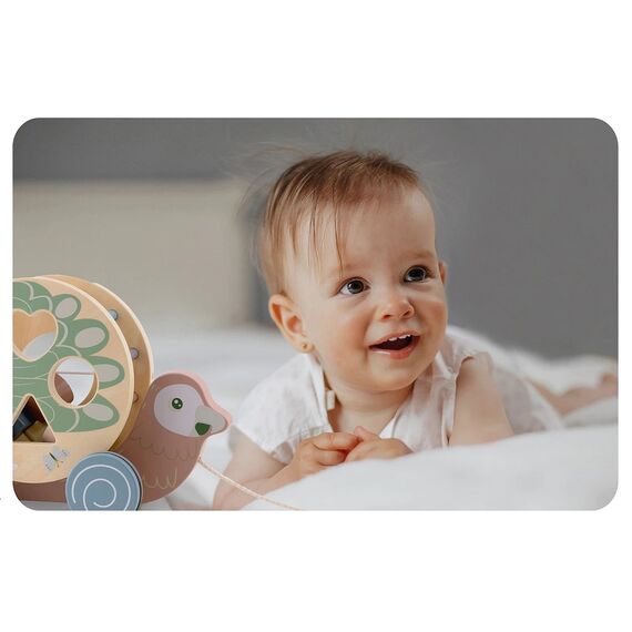 Jucarie de tras, din lemn, stimulare senzoriala, Montessori, cu snur, forma de papagal, 25, 5 x 17, 5 x 11 cm-poza 4-Dacenergy.ro