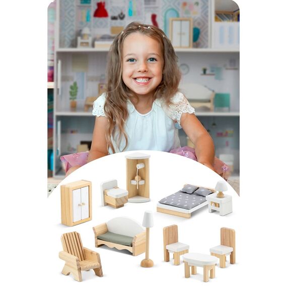 ​Casuta de papusi , din lemn si placa MDF, cu 3 etaje, 11 piese de mobilier, dus, dulap, lampa, fotoliu, 5 camere si terasa, aranjamente interesante, 70 x 60 x 24 cm, albastru, Culoare: Albastru-poza 5-Dacenergy.ro