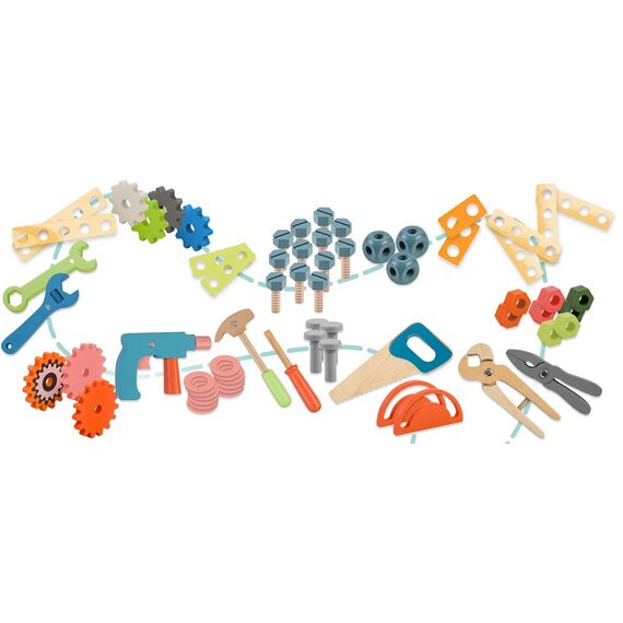 Atelier de lemn pentru copii , dezvolta abilitatile motorii fine, Montessori, roti dintate colorate, piulite si suruburi pentru insurubare, 75,5 x 48 x 30 cm-poza 5-Dacenergy.ro