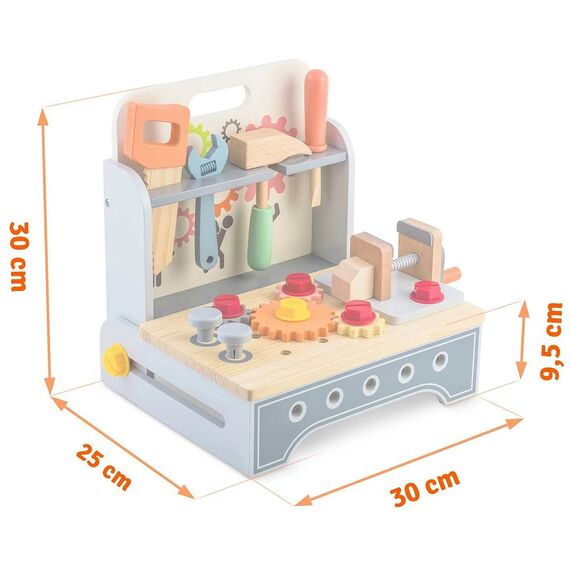 Atelier de lemn pentru copii , dezvolta abilitatile motorii fine, Montessori, ciocan, surubelnita, cheie, menghina, ferastrau, 30 x 25 x 30 cm-poza 4-Dacenergy.ro