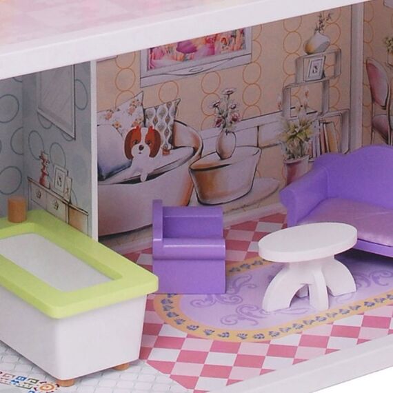 ​Casuta de papusi DacEnergy©, realizata din MDF, 3 etaje, 5 camere, 1 balcon, 8 piese de mobilier, 62 x27 x 70 cm, roz, Culoare: Roz-poza 5-Dacenergy.ro