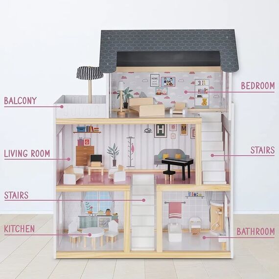 Casuta de papusi DacEnergy©, realizata din MDF, 3 etaje, 4 camere, balcon, 2 scari, 15 piese de mobilier, 62 x27 x77 cm, gri, Culoare: Gri-poza 5-Dacenergy.ro