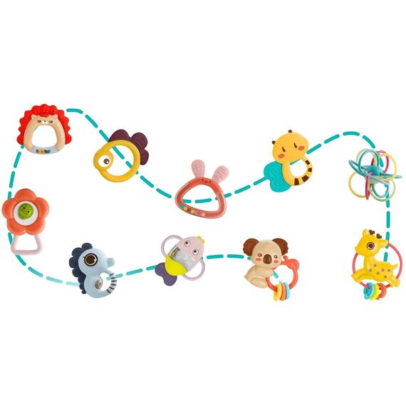 Set jucarii senzoriale si zornaitoare , pentru bebelusi fete si baieti, cutie frumoasa in forma de ursulet vesel, 10 buc, 0-12 luni, colorate, distractive-poza 5-Dacenergy.ro