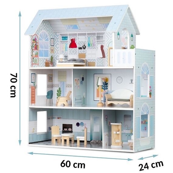 ​Casuta de papusi , din lemn si placa MDF, cu 3 etaje, 11 piese de mobilier, dus, dulap, lampa, fotoliu, 5 camere si terasa, aranjamente interesante, 70 x 60 x 24 cm, albastru, Culoare: Albastru-poza 6-Dacenergy.ro