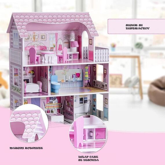 ​Casuta de papusi DacEnergy©, realizata din MDF, 3 etaje, 5 camere, 1 balcon, 8 piese de mobilier, 62 x27 x 70 cm, roz, Culoare: Roz-poza 6-Dacenergy.ro