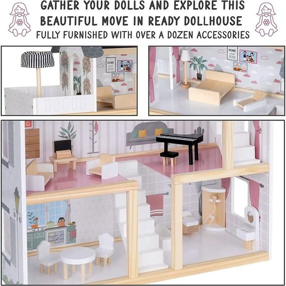 Casuta de papusi DacEnergy©, realizata din MDF, 3 etaje, 4 camere, balcon, 2 scari, 15 piese de mobilier, 62 x27 x77 cm, gri, Culoare: Gri-poza 6-Dacenergy.ro