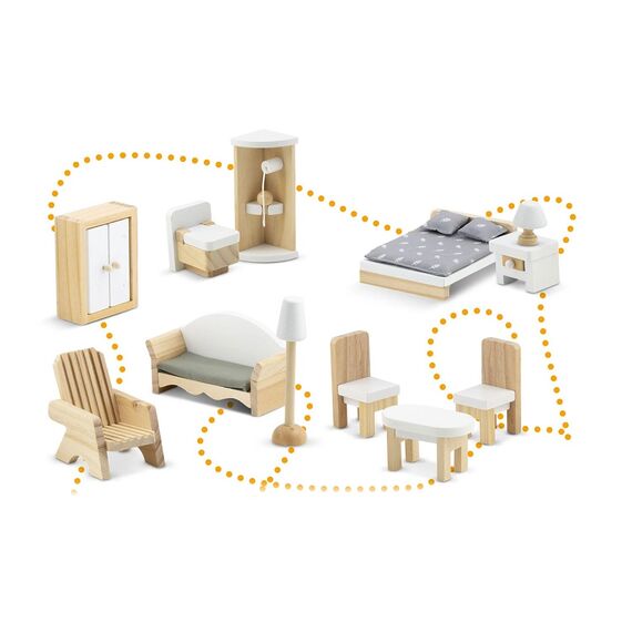 ​Casuta de papusi , din lemn si placa MDF, cu 3 etaje, 11 piese de mobilier, dus, dulap, lampa, fotoliu, 5 camere si terasa, aranjamente interesante, 70 x 60 x 24 cm, albastru, Culoare: Albastru-poza 7-Dacenergy.ro