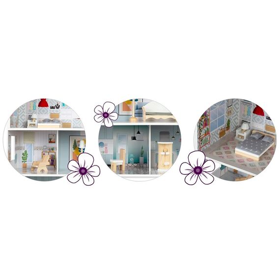 ​Casuta de papusi , din lemn si placa MDF, cu 3 etaje, 11 piese de mobilier, dus, dulap, lampa, fotoliu, 5 camere si terasa, aranjamente interesante, 70 x 60 x 24 cm, albastru, Culoare: Albastru-poza 8-Dacenergy.ro