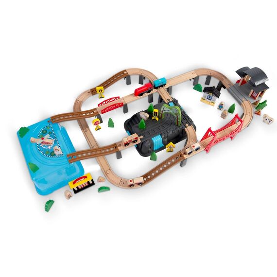 ​Set tren interactiv , realizat din lemn, cu locomotiva, vagon si alte vehicule, set de figuri umane si animale, 100 de piese, 118 x 59 x 17 cm, natur, Culoare: Natur-poza 7-Dacenergy.ro