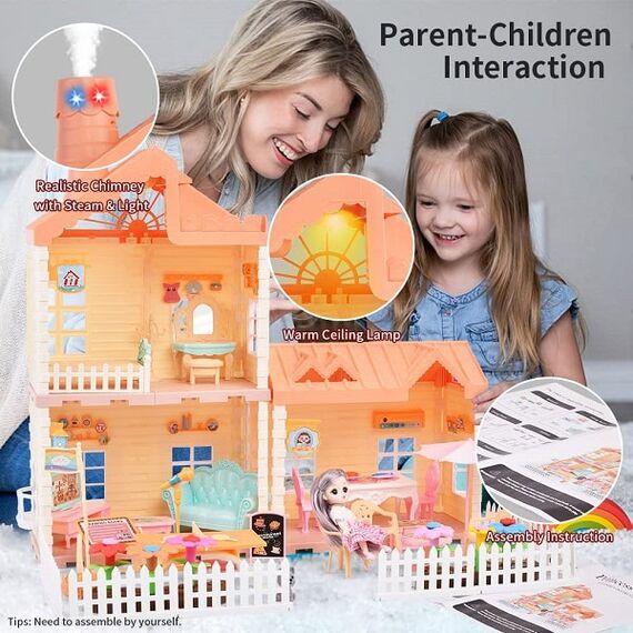 ​Casa de papusi pentru fete DacEnergy©, realizata din plastic, 2 etaje, cu mobilier pentru jocuri de simulare, 56 x 38 x 46 cm, colorata, Culoare: Multicolor-poza 7-Dacenergy.ro