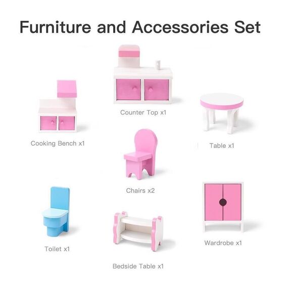 ​Casuta de papusi DacEnergy©, realizata din MDF, 3 etaje, 5 camere, 1 balcon, 8 piese de mobilier, 62 x27 x 70 cm, roz, Culoare: Roz-poza 8-Dacenergy.ro