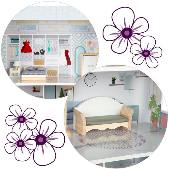 ​Casuta de papusi , din lemn si placa MDF, cu 3 etaje, 11 piese de mobilier, dus, dulap, lampa, fotoliu, 5 camere si terasa, aranjamente interesante, 70 x 60 x 24 cm, albastru, Culoare: Albastru-poza 9-Dacenergy.ro