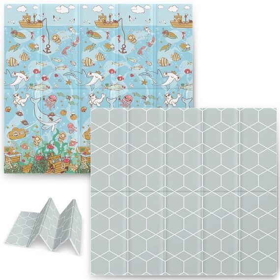 Covoras pliabil din spuma, doua fete, izolare termica, model frumos, unic, ocean, 200 x 180 x 1 cm, albastru-poza 3-Dacenergy.ro