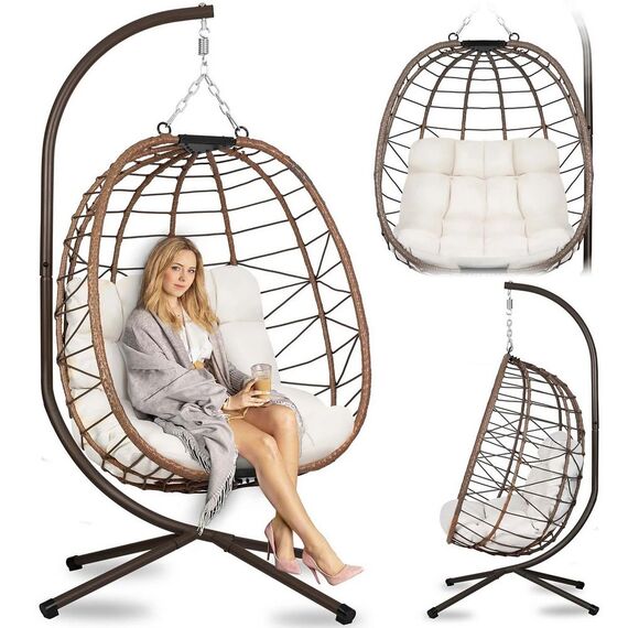 Scaun de gradina suspendat DacEnergy©, cosul din technorattan si sfoara impermeabila, cadru din otel, extrem de confortabil cu perne moi, lant solid, 194 cm, sarcina maxima 150 kg, maro, Culoare: Maro-poza 2-Dacenergy.ro