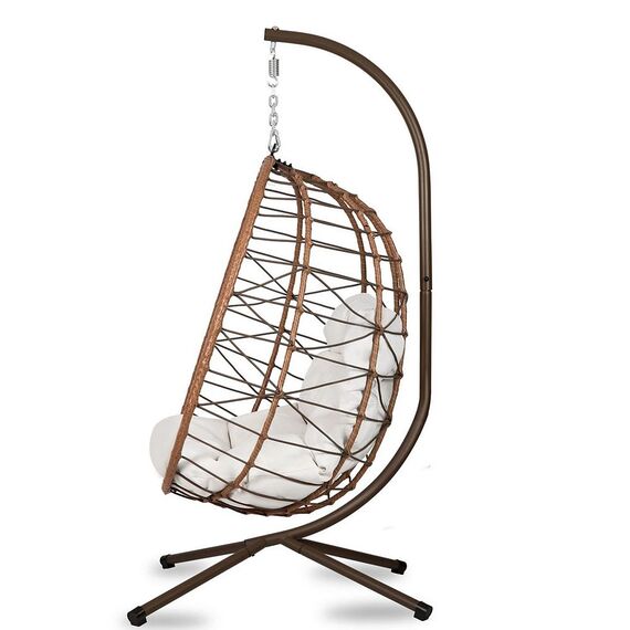 Scaun de gradina suspendat DacEnergy©, cosul din technorattan si sfoara impermeabila, cadru din otel, extrem de confortabil cu perne moi, lant solid, 194 cm, sarcina maxima 150 kg, maro, Culoare: Maro-poza 4-Dacenergy.ro
